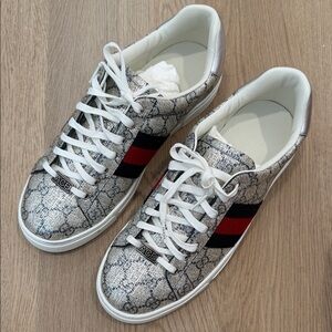 Gucci Ace’s Silver Patterned Sneakers with Red and Black Stripes